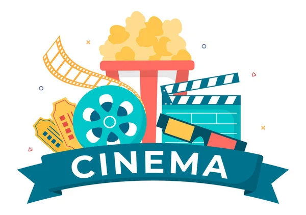 Estreno Película Show Cinema Camera Popcorn Clapperboard Film Tape Reel — Vector de stock