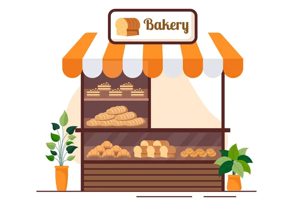 Bäckereigebäude Dem Verschiedene Brotsorten Wie Weißbrot Gebäck Und Andere Verkauft — Stockvektor