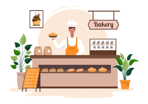 出售各种面包的面包店大楼 例如白面包 糕点等 都是在平整的背景下烘烤而成的 供海报展示之用 — 图库矢量图片