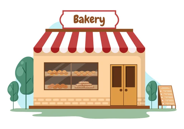 Bäckereigebäude Dem Verschiedene Brotsorten Wie Weißbrot Gebäck Und Andere Verkauft — Stockvektor
