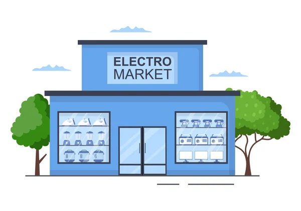 Electronics Store Building Que Vende Computadores Celulares Compra Eletrodomésticos Produto —  Vetores de Stock
