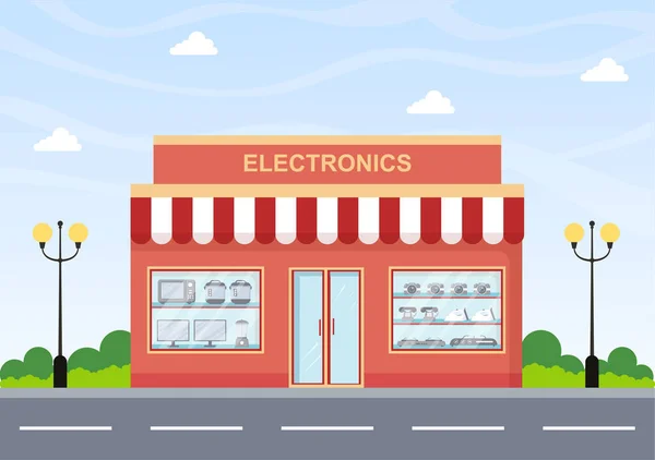 Electronics Store Building Dat Computers Mobiele Telefoons Het Kopen Van — Stockvector