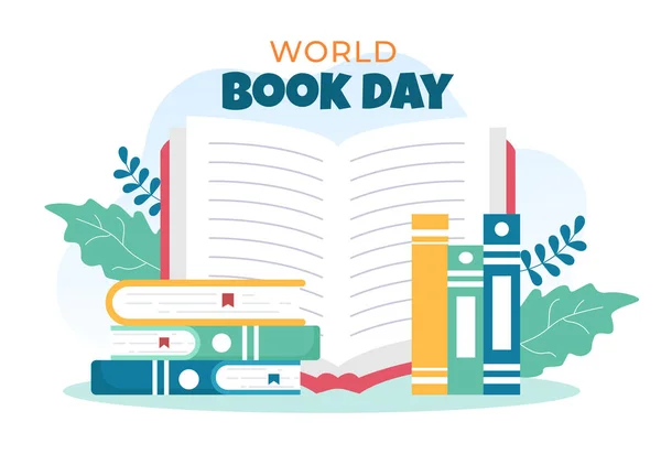 World Book Day Flat Cartoon Background Illustration Inglés Pila Libros — Vector de stock