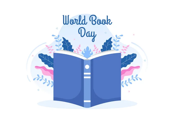 World Book Day Flat Cartoon Background Illustration Hromada Knih Čtení — Stockový vektor