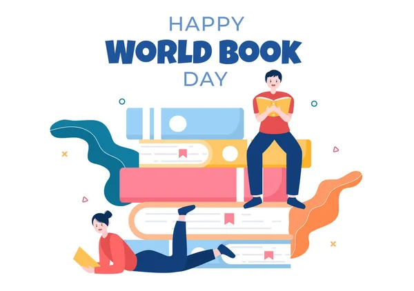 World Book Day Flat Cartoon Background Illustration Hromada Knih Čtení — Stockový vektor