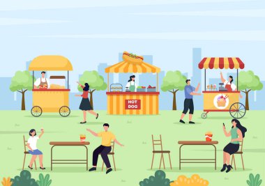 Açık havada yemek yiyen insanlar Fast Food sunuyor Pizza, Burger, Hot Dog veya Düz Çizgi Film Arkaplan Resimlerinde Tacos gibi