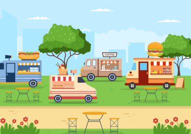 Düz Çizgi Film Arkaplan Resimlerinde Pizza, Burger, Hot Dog ya da Tacos gibi Fast Food servis eden Açık Hava ve Yemek Kamyonları