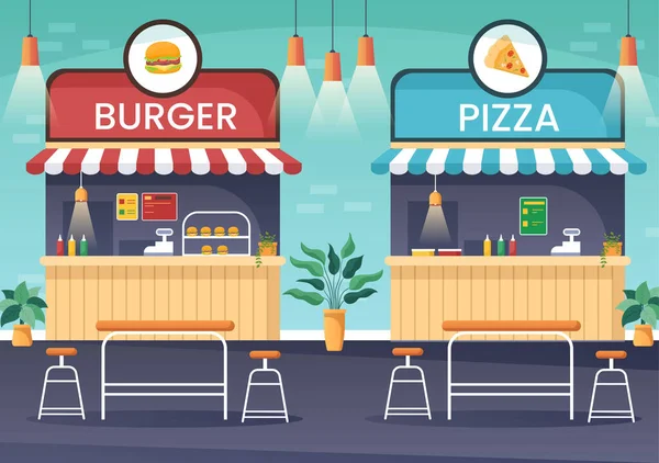 以卡通平面病媒图解的形式 在设有比萨饼 汉堡或玉米卷等快餐店的商场中央的食物广场内进食 — 图库矢量图片