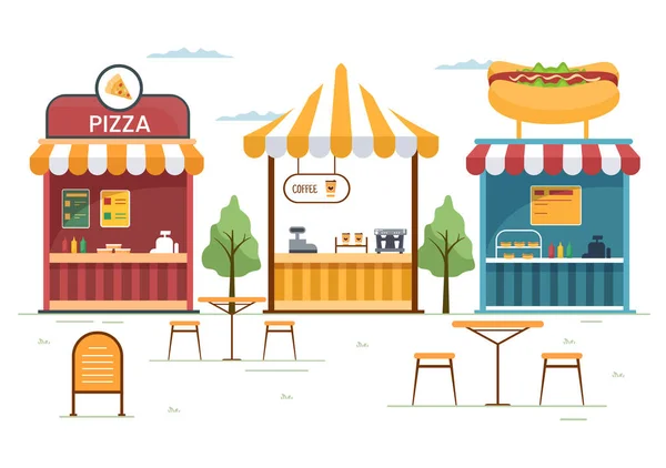 バーガー ホットドッグ フラット漫画のタコスなどのファーストフードを提供する屋外ストリートフードで食べる人背景ポスターイラスト — ストックベクタ
