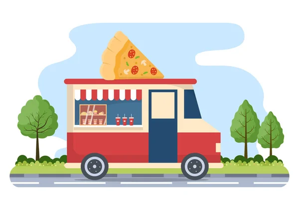 Venkovní Ulice Jídelní Vůz Sloužící Rychlé Občerstvení Jako Pizza Hamburger — Stockový vektor