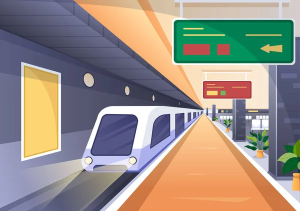 Railway Station Train Transport Scenery Platform Departure Underground Interior Subway — Stock Vector