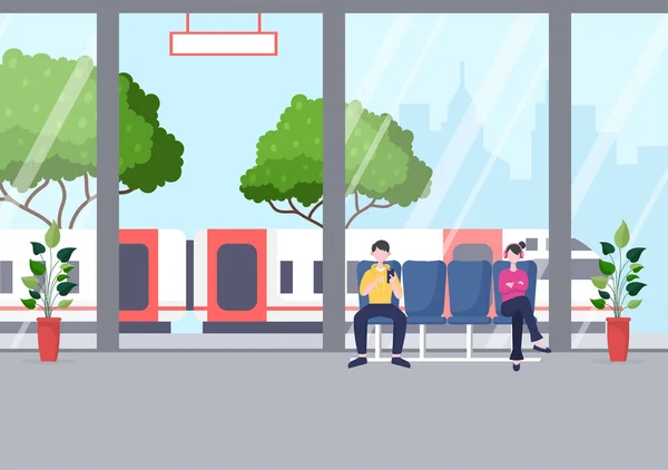 Gare Ferroviaire Avec Personnes Paysage Transport Ferroviaire Plate Forme Départ — Image vectorielle