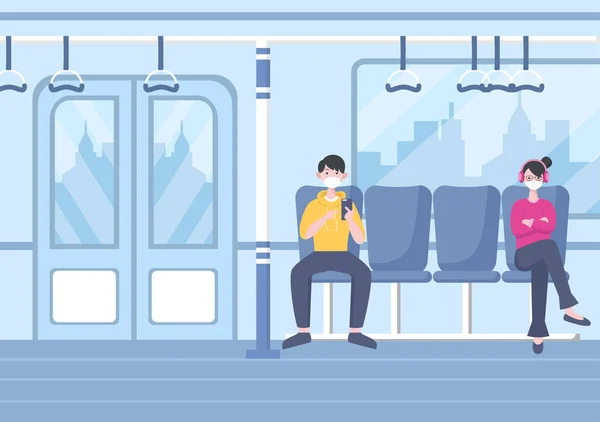 人と鉄道駅 電車の輸送風景 平面背景の出発 地下室のためのプラットフォームポスターイラスト — ストックベクタ