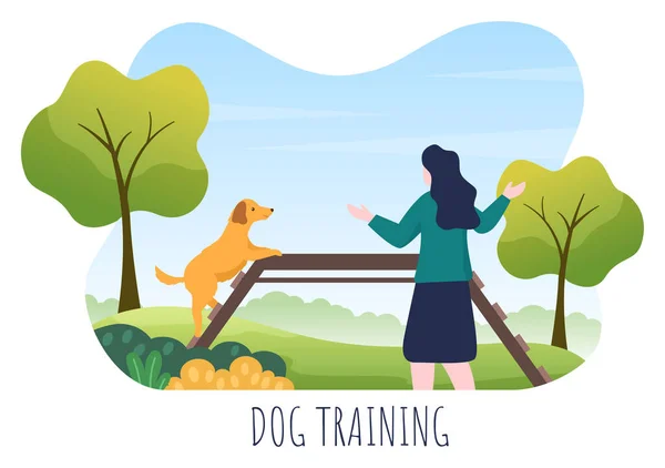 講師と遊び場で犬のトレーニングセンターフラット漫画の背景イラストでトリックやジャンプのスキルのためのペットや遊びを教える — ストックベクタ