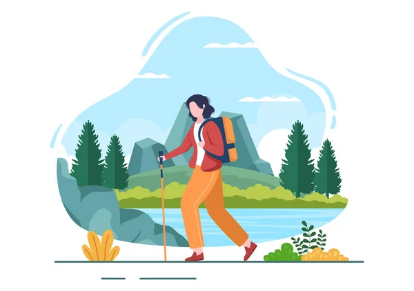 平らな自然を背景に クライミング トレッキング ハイキング ウォーキング または森林や山の景色との休暇をテーマにしたアドベンチャーツアーポスターイラスト — ストックベクタ