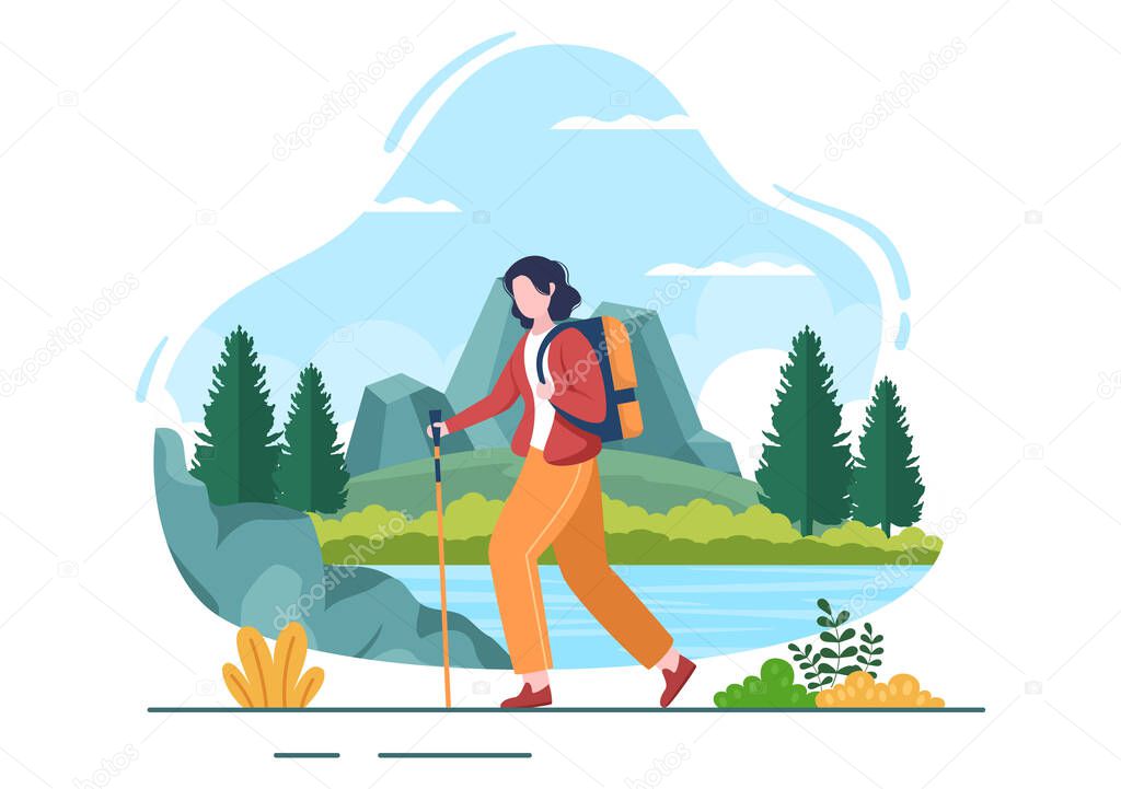 Adventure Tour on the Theme of Climbing, Trekking, Hiking, Walking or Vacation with Forest and Mountain Views in Flat Nature Background Poster Illustration