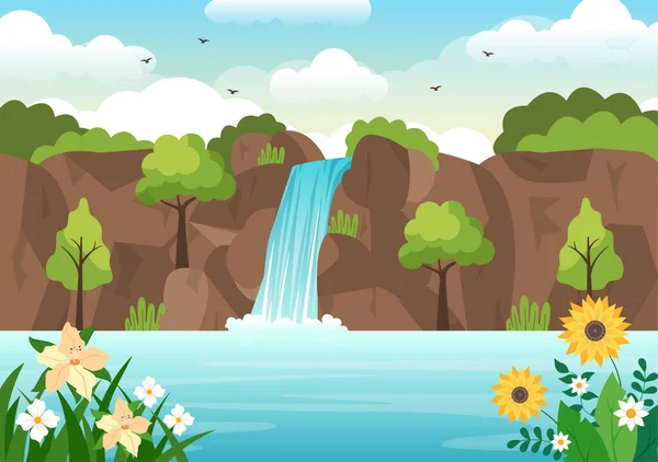 Пейзаж Тропических Природных Пейзажей Каскадом Скал Речных Потоков Скалистых Скал — стоковый вектор