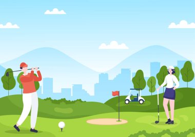 Flags, Sand Ground, Kum Sığınağı ve Düz Çizgi Film Arkaplan Resimlerinde Açık Alan Yeşil Santralleri Ekipmanı ile Golf Sporu