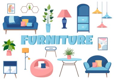 Oturma Odası için Mobilya Mobilyası Tasarımı Koltuk, Masa, Dolap, Işıklar, Bitkiler ve Duvarlar gibi Konforlu Olsun