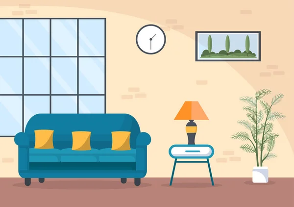 Home Furniture Flat Design Illustration Living Room Comfortable Sofa Desk — Stock Vector