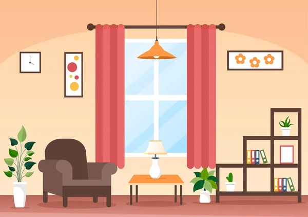 家庭用家具フラットデザインソファ 食器棚 植物や壁のハンギングのように快適なリビングルームのためのイラスト — ストックベクタ