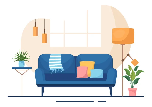 Home Furniture Flat Design Illustration Living Room Comfortable Sofa Desk — Stock Vector