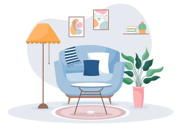 居家家具平面设计图解 客厅舒适舒适 如沙发 餐具柜 植物及壁挂架 — 图库矢量图片