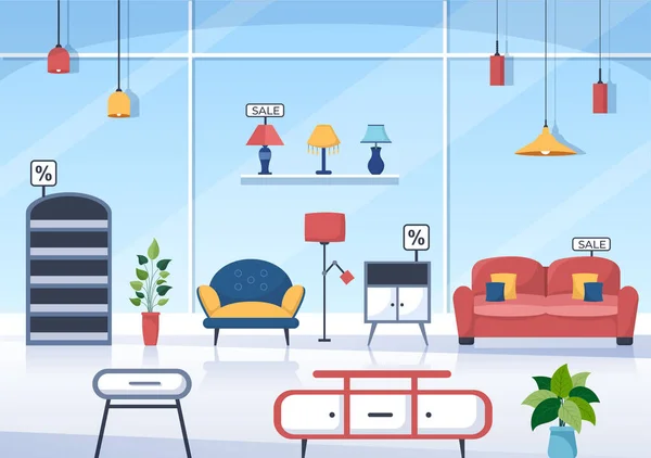 ホーム家具店リビングルームのフラットデザインイラストはソファ 食器棚 植物や壁のハンギングのように快適になる — ストックベクタ