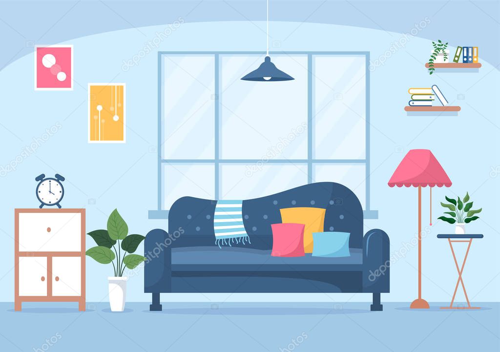 Home Furniture Flat Design Illustration for the Living Room to be Comfortable Like a Sofa, Desk, Cupboard, Lights, Plants and Wall Hangings