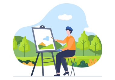 Easel, tuval, fırça ve atölye tasarımları için suluboya resim yapan biriyle Açık havada Tablo Çizimi