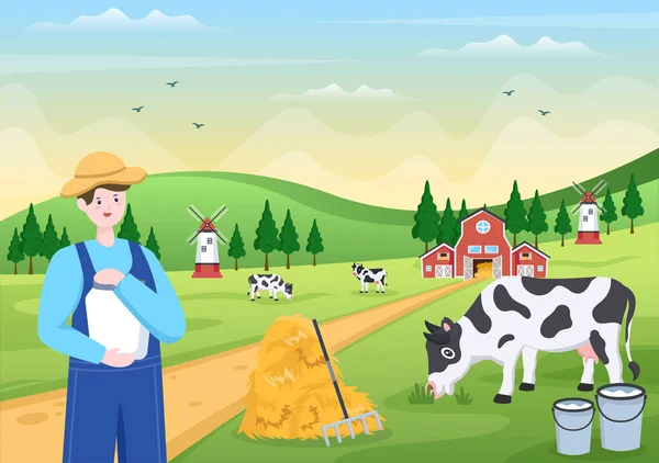 Αγρότες Είναι Αγελάδες Αρμέγματος Για Παράγουν Αποκτήσουν Γάλα Θέα Των — Διανυσματικό Αρχείο