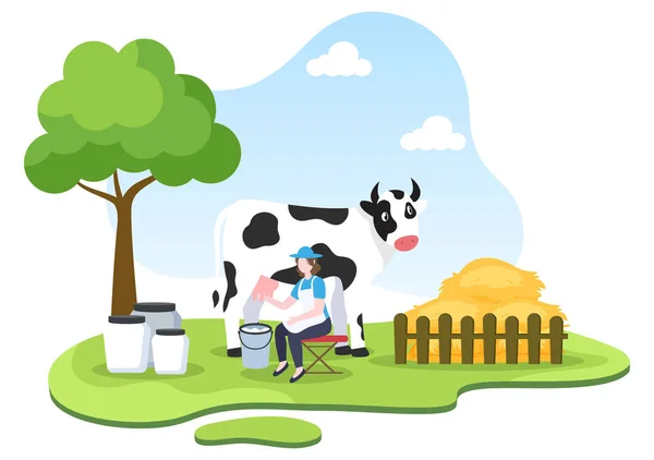 Gli Agricoltori Mungono Mucche Produrre Ottenere Latte Con Vista Sui — Vettoriale Stock
