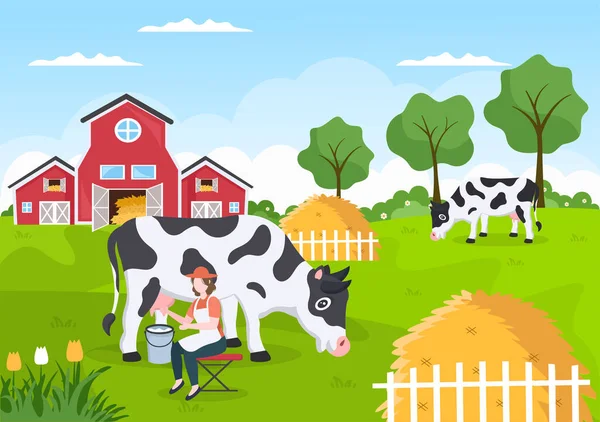 農家は緑のメドウズやイラストの農場で牛乳を生産または取得する牛を搾乳していますフラットスタイル — ストックベクタ