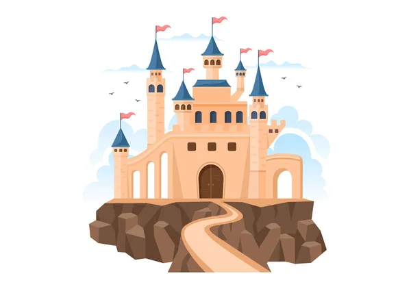 Zamek Majestatyczną Architekturą Pałacu Bajki Jak Krajobrazy Leśne Cartoon Płaski — Wektor stockowy