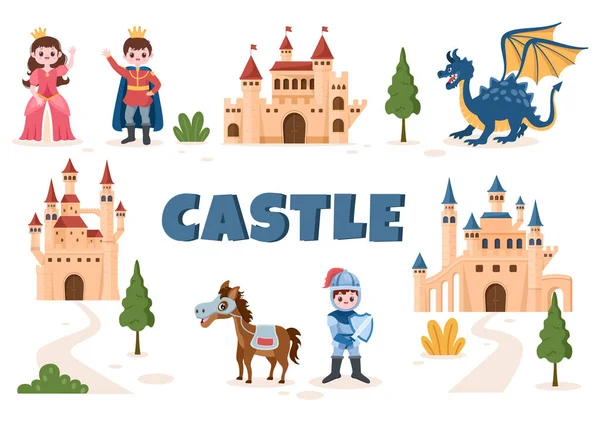 Castle Prince Queen Knight Elements Collection Majestic Palace Architecture Cartoon — стоковий вектор