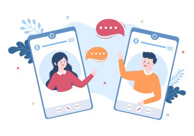 Çevrimiçi Arkadaşlarla Çevrimiçi İletişim 'den Konferans Görüntüsü Çağrısı Smartphone ya da Bilgisayar kullanarak Evden Düz Stil Çizgi Film İllüstrasyonunda Çalışmak için Webcam kullanarak