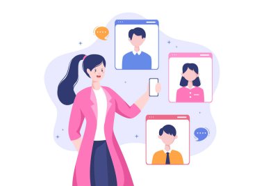 Çevrimiçi Arkadaşlarla Çevrimiçi İletişim 'den Konferans Görüntüsü Çağrısı Smartphone ya da Bilgisayar kullanarak Evden Düz Stil Çizgi Film İllüstrasyonunda Çalışmak için Webcam kullanarak