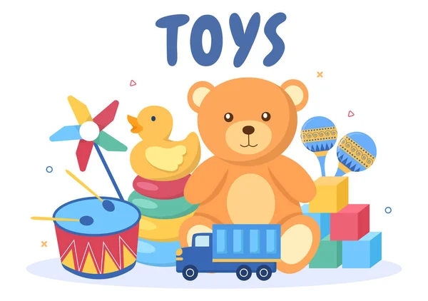 Niedliche Kinder Spielzeugkiste Voll Kindergarten Flachen Cartoon Stil Illustration Innenraum — Stockvektor