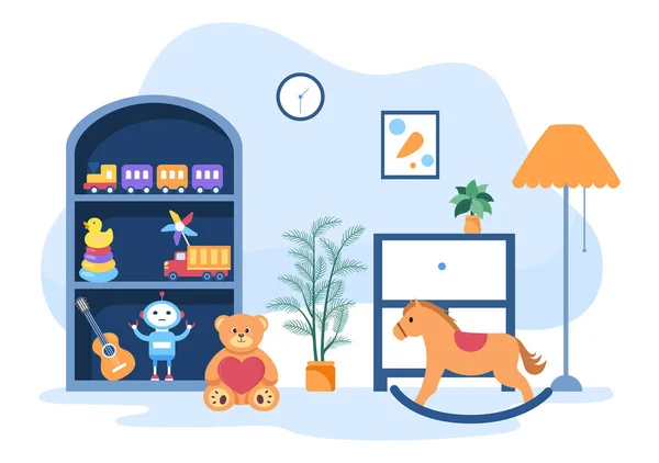 Cute Kids Toy Box Full Kindergarten Flat Cartoon Style Illustration — Stock Vector
