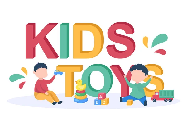 Cute Children Playing Various Toy Kindergarten Flat Cartoon Inlustration Интерьер — стоковый вектор