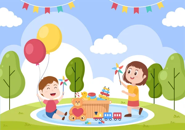 Cute Children Playing Various Toy Kindergarten Flat Cartoon Style Illustration — Stock Vector