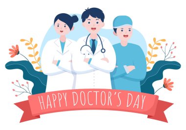 Doktor, steteskop ve tıbbi ekipman ile Dünya Doktorları Günü Kutlama Kart, Poster veya Arkaplan Resimleri