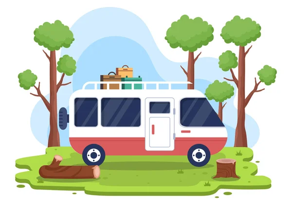 Ilustración Fondo Del Coche Camping Con Tienda Autocaravana Equipo Para — Vector de stock