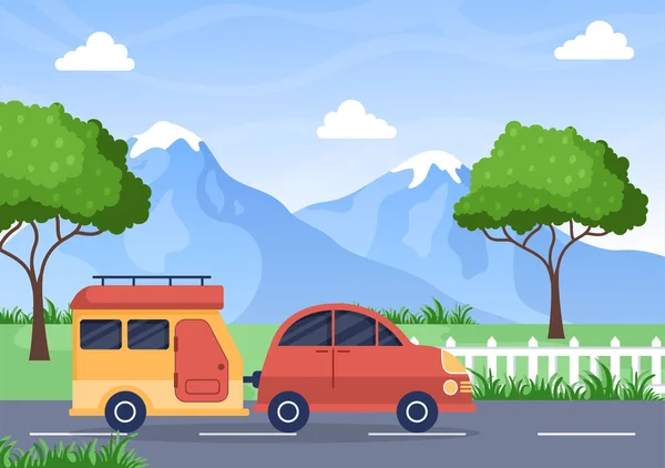 Camping Car Sfondo Illustrazione Con Tenda Camper Auto Attrezzature Persone — Vettoriale Stock