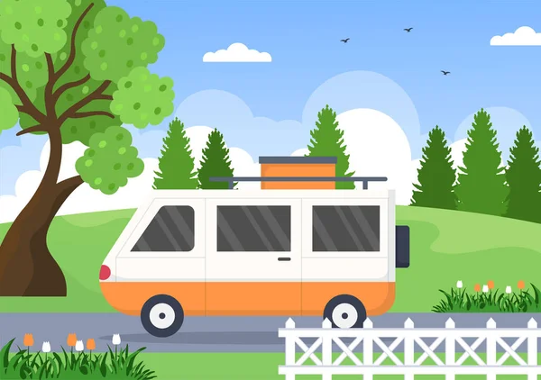 Camping Car Background Illustration Tent Camper Car Equipment People Adventure — 스톡 벡터