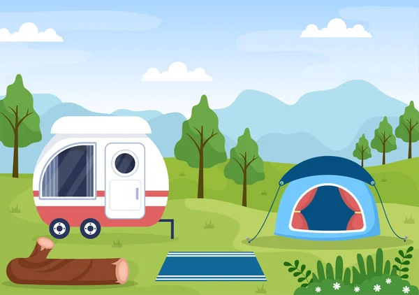 Ilustración Fondo Del Coche Camping Con Tienda Autocaravana Equipo Para — Archivo Imágenes Vectoriales