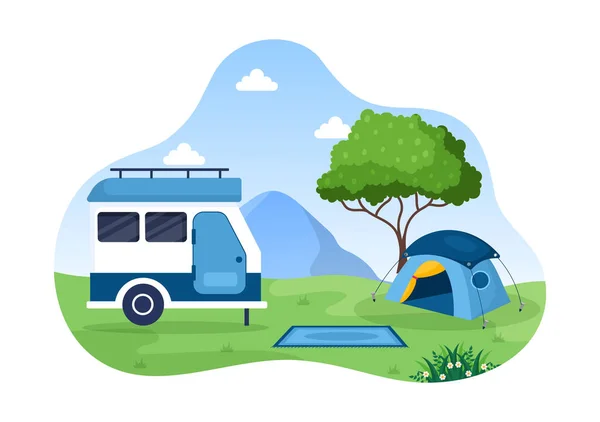 Camping Car Background Illustration Tent Camper Car Equipment People Adventure — 스톡 벡터