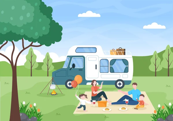 Camping Car Sfondo Illustrazione Con Tenda Camper Auto Attrezzature Persone — Vettoriale Stock