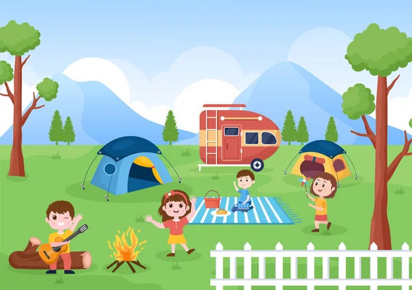 Camping Car Background Εικονογράφηση Σκηνή Camper Car Και Εξοπλισμός Για — Διανυσματικό Αρχείο