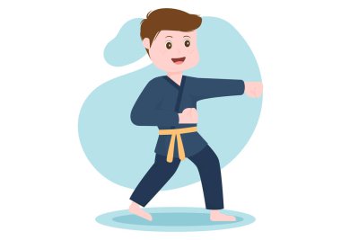 Tatlı Çizgi film Çocukları Temel Karate Sanatları Hareketleri Yapıyor, Poz Veriyor ve Düz Tarz Arkaplan Resimlerinde Kimono Giyiyor
